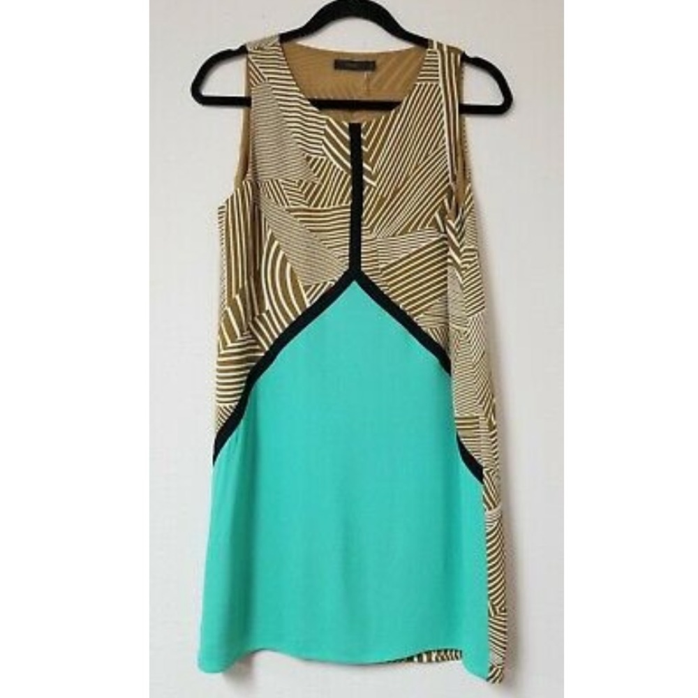 THML Sleeveless Lightweight Retro Color Block Print Chiffon Shift Dress - Small
